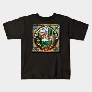 Woodsy Scenery Mushrooms Stained Glass Kids T-Shirt